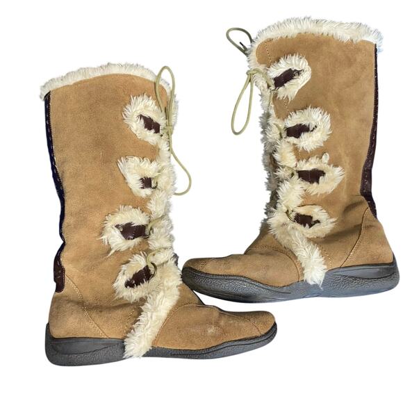 Ruff Hewn Tan Suede Faux Fur Winter Boots Womans 9.5 Lace Up Y2k Retro Snow Ski - Picture 1 of 5